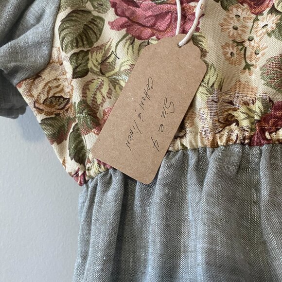 Handmade Children's Cotton Linen Green Multicolour Lace Square Neck Dress - Picture 4 of 12